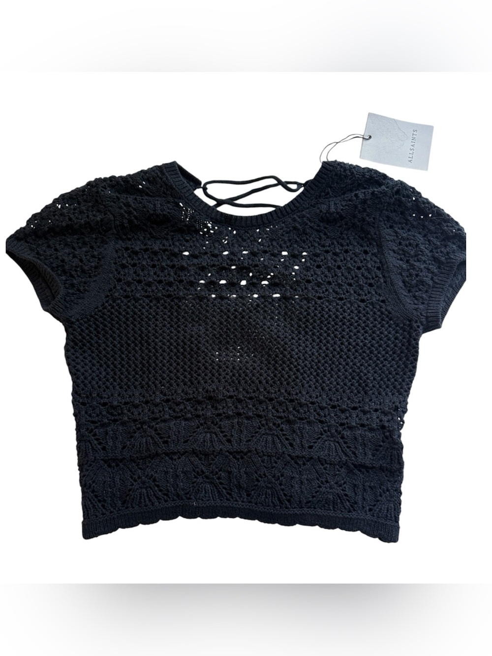 AllSaints Briar Black Crochet Crop Top Lace Up Back NWT